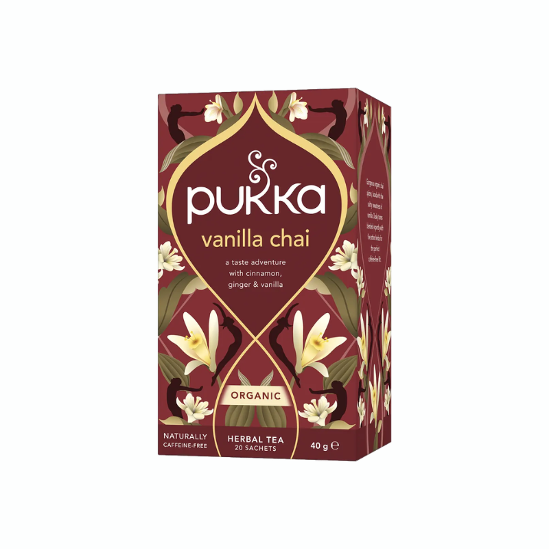 Pukka Vanilla Chai økologisk urtete med kanel, ingefær, lakridsrod, kardemomme og vanilje i 20 tebreve.
