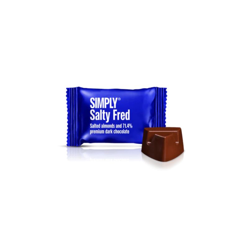 Simply Chocolate Salty Fred Small One flowpack med mørk chokolade, mandler og salt
