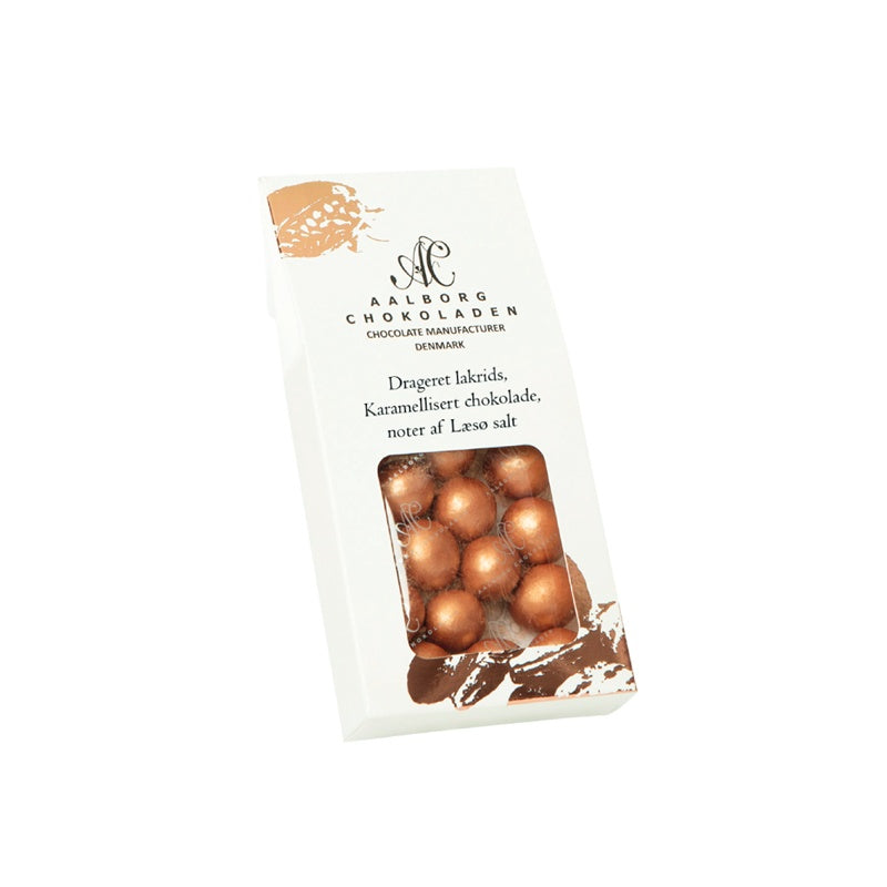 Kobberfarvede lakridskugler med karamel 90 g fra Aalborg Chokoladen
