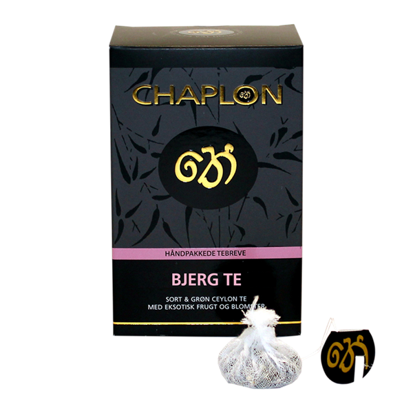 Chaplon Bjergte økologisk æske med 15 tebreve med grøn te, sort te og frugtige aromaer.
