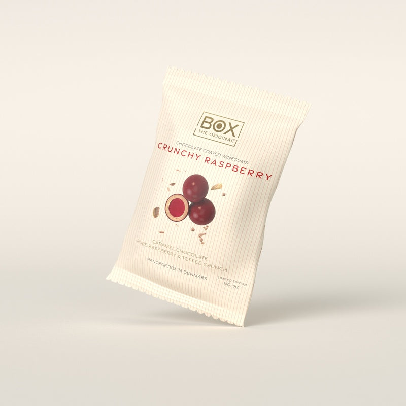 Crunchy Raspberry 70 g fra Box The Original – chokoladevingummi i pose