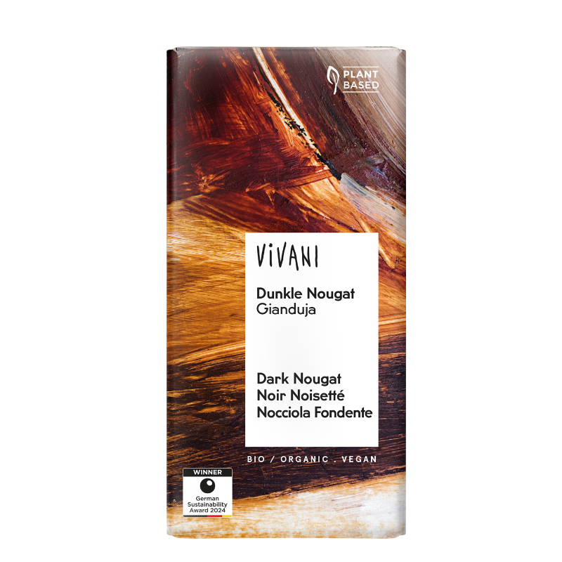 VIVANI Dark Nougat økologisk vegansk mørk chokolade med Gianduja-nougat og hasselnød, 80 g.