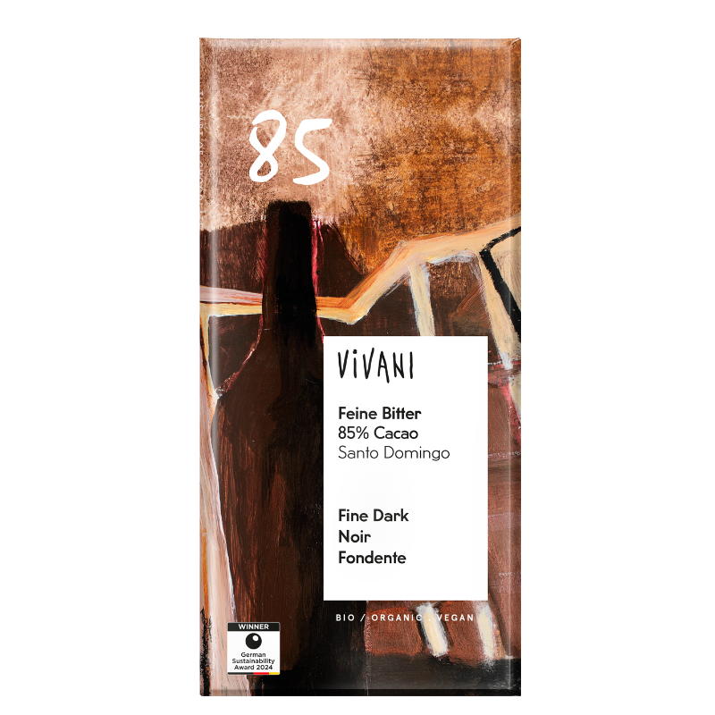 VIVANI Fine Dark 85 % Cocoa økologisk mørk chokolade med 85 % kakao fra Santo Domingo, 80 g.