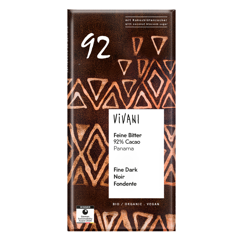 VIVANI Fine Dark 92 % Cocoa økologisk mørk chokolade med 92 % kakao fra Panama, 80 g.