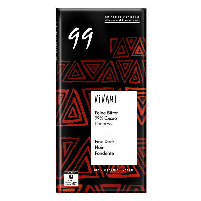 VIVANI Fine Dark 99 % Cocoa økologisk mørk chokolade med 99 % kakao fra Panama, 80 g.