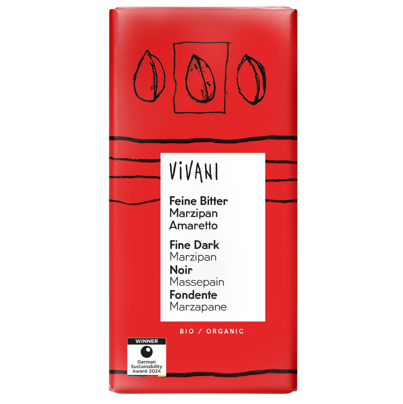 VIVANI Fine Dark Marzipan Amaretto økologisk mørk chokolade med honningmarcipan og 60 % kakao, 100 g.