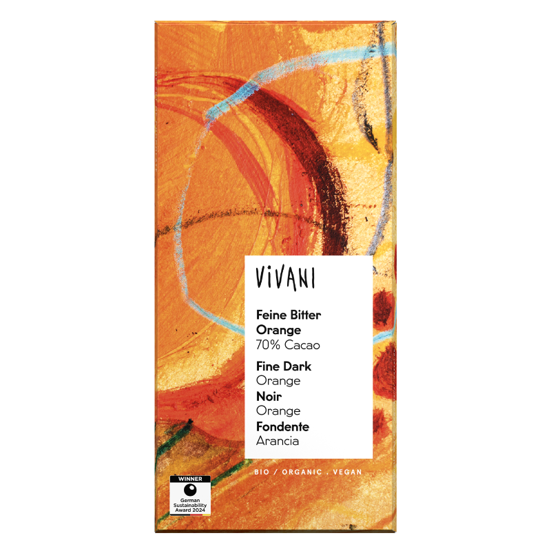 VIVANI Fine Dark Orange økologisk mørk chokolade med 70 % kakao og æterisk appelsinolie, 80 g.