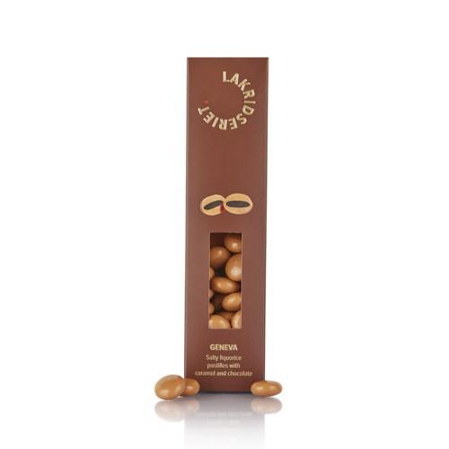 Lakridseriet Geneva Salmiakpastil Med Karamelchokolade 170 g fra Chokoladehimlen