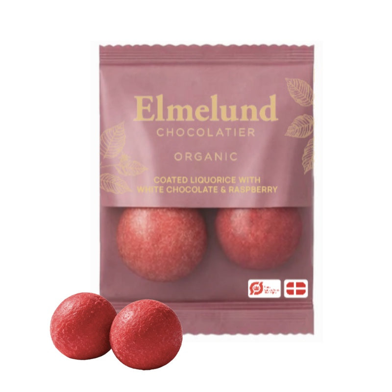 Elmelund lakrids med hvid chokolade og hindbær - pose med 2 kugler