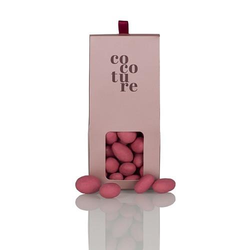 Cocoture Røde Mandler m/Champagne &amp; hvidchokolade i metallic lyserød dragébox 90 g