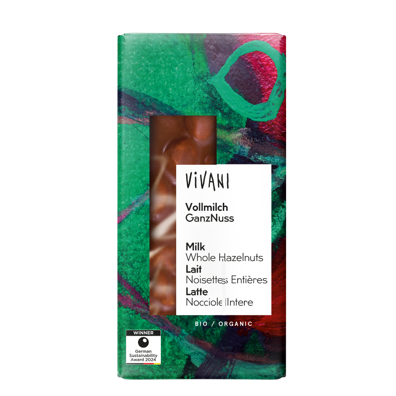 VIVANI Milk Whole Hazelnuts økologisk mælkechokolade med hele ristede hasselnødder og 33 % kakao, 100 g.
