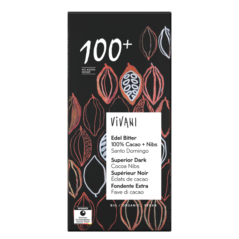 VIVANI Superior Dark 100+ økologisk mørk chokolade med 100 % kakao og kakaonibs, 80 g.