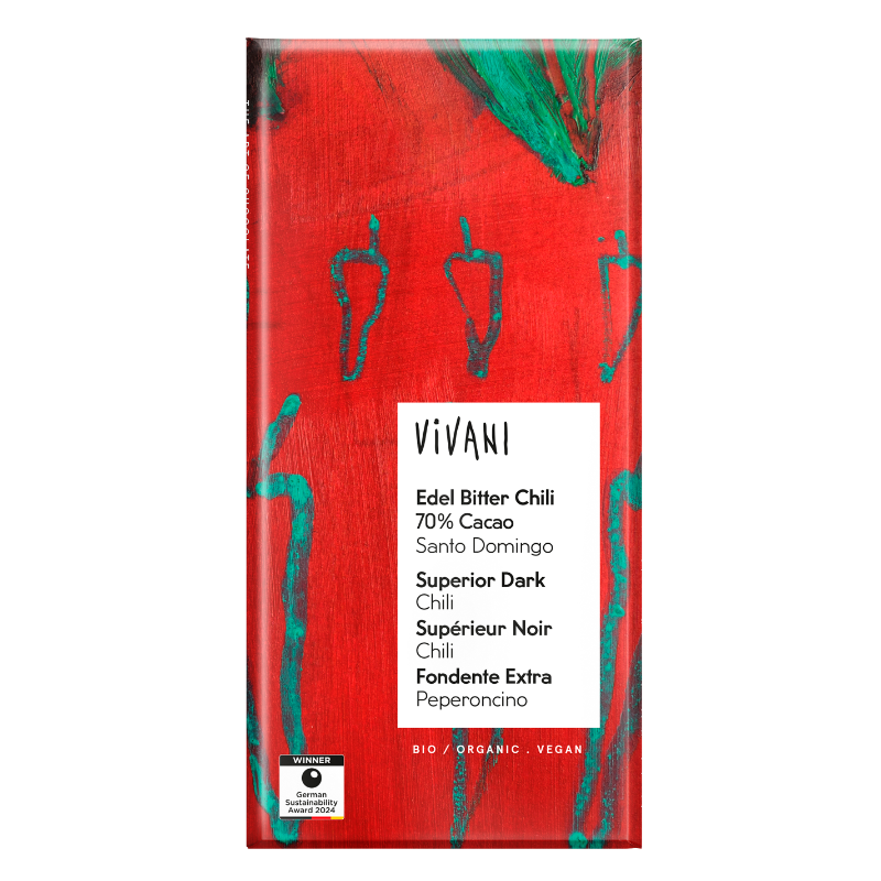 VIVANI Superior Dark Chili økologisk mørk chokolade med 70 % kakao fra Santo Domingo og tørret chili, 80 g.