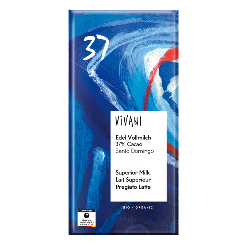 VIVANI Superior Milk økologisk mælkechokolade med 37 % kakao fra Santo Domingo, 80 g.