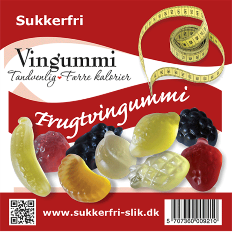 Sukkerfri frugtvingummi fra Coala’s Naturprodukter i pose med frugtformede vingummistykker, 80 g.