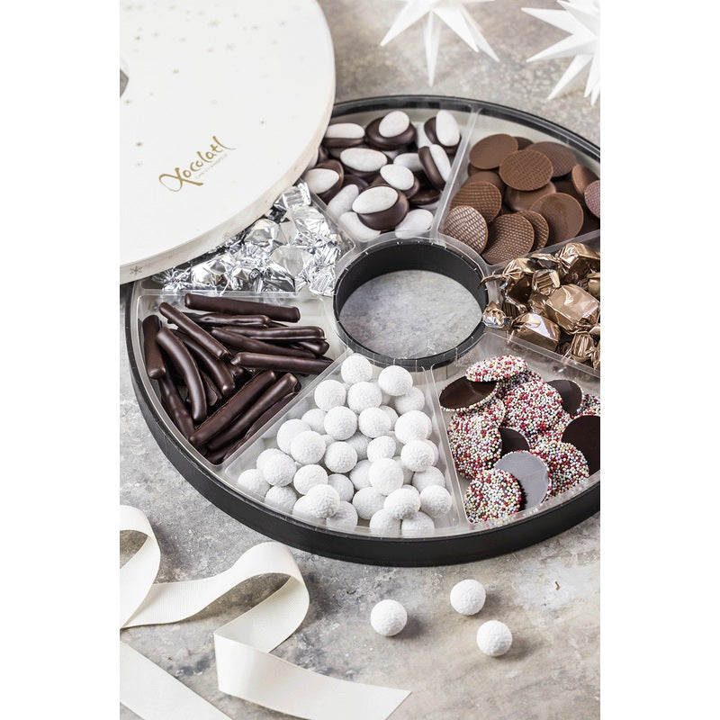 Xocolatl blandet chokolade i rund gaveæske med hvidt låg