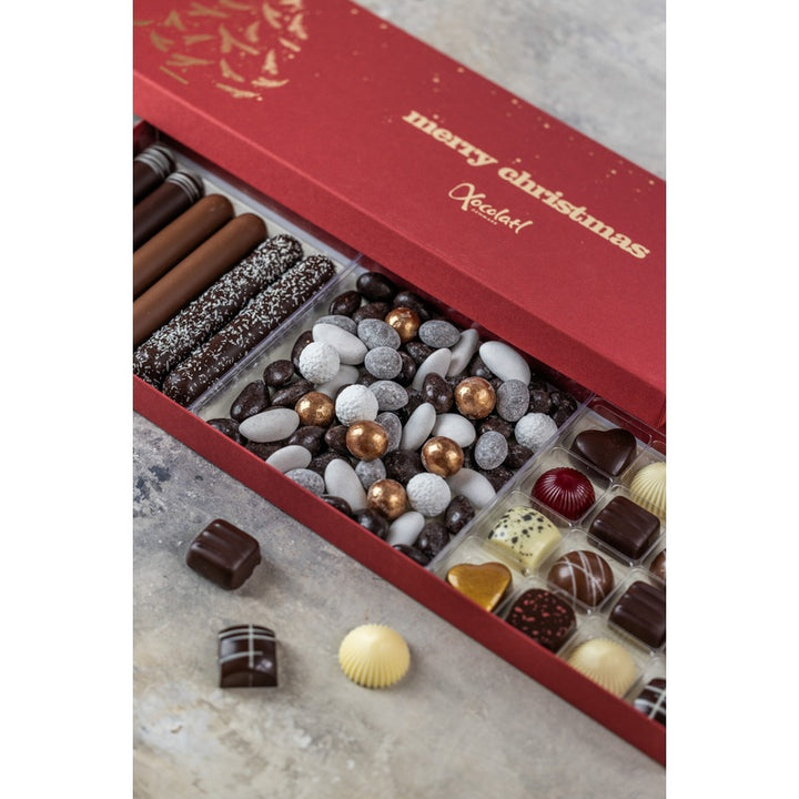 Nærbillede af Xocolatl marcipanbarer og fyldte chokolader